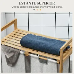 Cesto de la Ropa Sucia de Bambú con 2 Bolsas Extraíbles y Estante Carga 20kg 2x40,6L 64x33x73 cm Natural - Ogal.Es