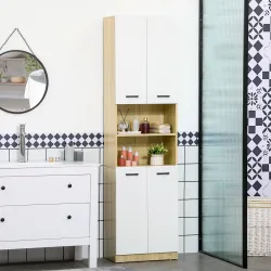 Armario Alto de Baño con 4 Puertas 2 Estantes Abiertos y Estantes Ajustables 53x33,5x195,7 cm Blanco y Roble - Ogal.Es