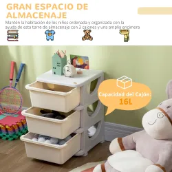 Cajonera de Plástico Organizador para Niños con 3 Cajones Asas para Juguetes Ropa Libros 37x37x56,5 cm Beige - Ogal.Es