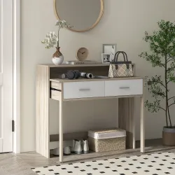 Mesa Consola Escritorio Extensible de 2 Niveles con Rieles Deslizantes 2 Cajones y 2 Ruedas 95x35x87 cm Roble - Ogal.Es
