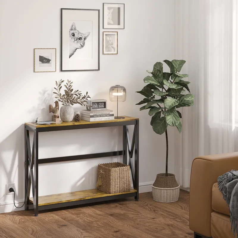 Mesa de Entrada de 2 Niveles con Estación de Carga 2 USB y Marco de Acero Mueble de Recibidor 100x24x75cm Marrón... - Ogal.Es