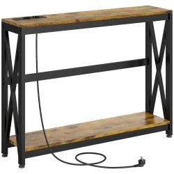 Mesa de Entrada de 2 Niveles con Estación de Carga 2 USB y Marco de Acero Mueble de Recibidor 100x24x75cm Marrón... - Ogal.Es