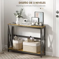 Mesa de Entrada de 2 Niveles con Estación de Carga 2 USB y Marco de Acero Mueble de Recibidor 100x24x75cm Marrón... - Ogal.Es