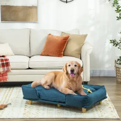 Cama Elevada para Perros con Patas de Madera y Cojín Lavables Cama para Mascotas Carga 30 kg 96x66x24 cm Azul - Ogal.Es