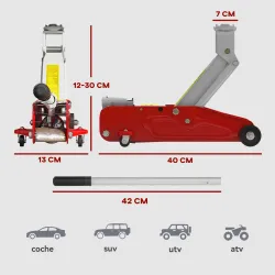 Gato Hidráulico de 2 Toneladas con Altura Ajustable 12-30 cm y 4 Ruedas para Apoyar Coches Rojo y Amarillo - Ogal.Es
