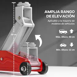 Gato Hidráulico de 2 Toneladas con Altura Ajustable 12-30 cm y 4 Ruedas para Apoyar Coches Rojo y Amarillo - Ogal.Es