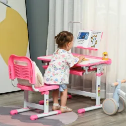 Juego de Escritorio y Silla para Niños de +6 Años Ajustable con Mesa Inclinable Lámpara Cajón y Estante para Lib... - Ogal.Es