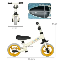 Bicicleta de Equilibrio Infantil +18 Meses con Asiento Ajustable en Altura Carga 25 kg 66,5x34x47 cm Blanco y Na... - Ogal.Es