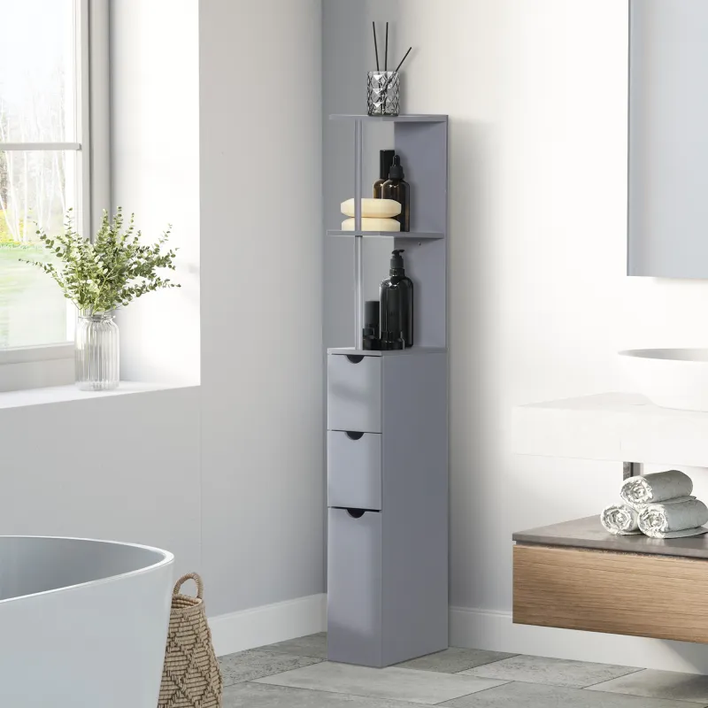 Columna de Baño Moderno Mueble Auxiliar de Baño con 2 Estantes 2 Cajones y 1 Puerta Antivuelco 15x33x136,8 cm Gris - Ogal.Es