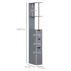 Columna de Baño Moderno Mueble Auxiliar de Baño con 2 Estantes 2 Cajones y 1 Puerta Antivuelco 15x33x136,8 cm Gris - Ogal.Es