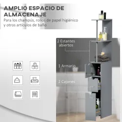 Columna de Baño Moderno Mueble Auxiliar de Baño con 2 Estantes 2 Cajones y 1 Puerta Antivuelco 15x33x136,8 cm Gris - Ogal.Es