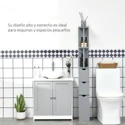 Columna de Baño Moderno Mueble Auxiliar de Baño con 2 Estantes 2 Cajones y 1 Puerta Antivuelco 15x33x136,8 cm Gris - Ogal.Es
