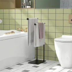 Toallero de Pie con 2 Barras y Marco Metálico Toallero de Baño Moderno en Forma de L 35,5x20x78 cm Negro - Ogal.Es