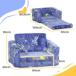 Sofá Infantil Plegable 2 en 1 Tapizado de Tela Luminosa con Patrón Cósmico Cojín y Funda Lavables Azul - Ogal.Es