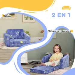 Sofá Infantil Plegable 2 en 1 Tapizado de Tela Luminosa con Patrón Cósmico Cojín y Funda Lavables Azul - Ogal.Es