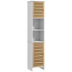 Mueble Auxiliar de Baño con Estantes Ajustables y Puertas de Bambú Anti-vuelco 35x30x170 cm Blanco y Natural - Ogal.Es