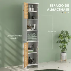 Mueble Auxiliar de Baño con Estantes Ajustables y Puertas de Bambú Anti-vuelco 35x30x170 cm Blanco y Natural - Ogal.Es