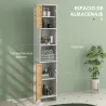 Mueble Auxiliar de Baño con Estantes Ajustables y Puertas de Bambú Anti-vuelco 35x30x170 cm Blanco y Natural - Ogal.Es