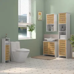 Mueble para Debajo del Lavabo Moderno con Puertas Magnéticas de Bambú y Estante Ajustable 60x30x60 cm Blanco y N... - Ogal.Es