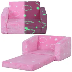 Sofá Infantil Plegable 2 en 1 Tapizado de Tela Luminosa con Patrón de Nubes Cojín y Funda Lavables Rosa - Ogal.Es