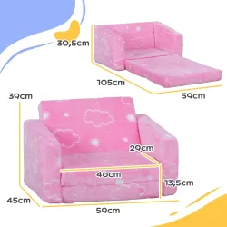 Sofá Infantil Plegable 2 en 1 Tapizado de Tela Luminosa con Patrón de Nubes Cojín y Funda Lavables Rosa - Ogal.Es