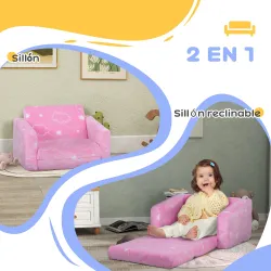 Sofá Infantil Plegable 2 en 1 Tapizado de Tela Luminosa con Patrón de Nubes Cojín y Funda Lavables Rosa - Ogal.Es
