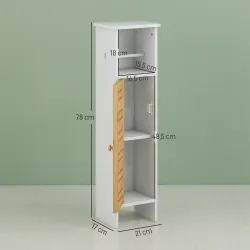 Mueble Auxiliar de Baño con Portarrollos de Papel Estantes Ajustable y Puerta de Bambú 21x17x78 cm Blanco y Natural - Ogal.Es