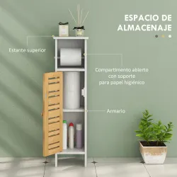 Mueble Auxiliar de Baño con Portarrollos de Papel Estantes Ajustable y Puerta de Bambú 21x17x78 cm Blanco y Natural - Ogal.Es