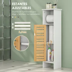 Mueble Auxiliar de Baño con Portarrollos de Papel Estantes Ajustable y Puerta de Bambú 21x17x78 cm Blanco y Natural - Ogal.Es