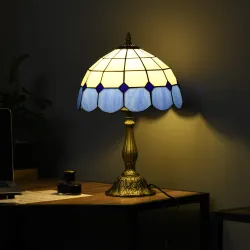Lámpara de Mesa Estilo Clásico Hecha a Mano Lámpara de Noche de Vidrio para Dormitorio Salón Ø31x48 cm Azul - Ogal.Es