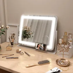 Espejo de Tocador Giratorio 58x46 cm con 3 Modos de Iluminación Ajustables Interruptor Táctil Espejo de Aumento ... - Ogal.Es