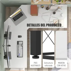 Escritorio Esquinero Moderno con Marco de Acero Carga 70 kg para Oficina Hogar Estudio 150x150x76 cm Blanco - Ogal.Es
