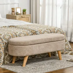 Banco de Almacenaje con Patas de Madera y Asiento Acolchado Carga 120 kg Puff Almacenaje Ovalado Beige - Ogal.Es