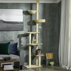 Árbol para Gatos de Suelo a Techo de 230-250 cm con Altura Ajustable Múltiples Plataformas Cestos Hamaca Bolas B... - Ogal.Es