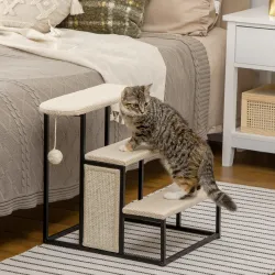 Escalera para Mascotas con 3 Escalones Bola Colgante Tablero de Rascar y Marco de Acero 47x45x47 cm Crema y Negro - Ogal.Es