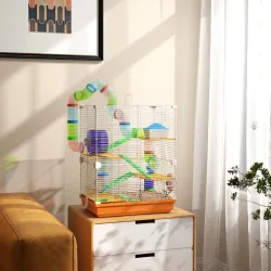 Jaula de Hámster con Túnel Plataformas Cuenco Bebedero Casita Rampas y Rueda de Ejercicio 46x30x58 cm Naranja - Ogal.Es
