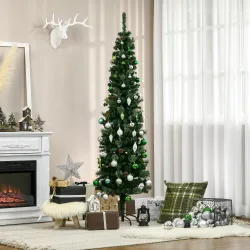 Árbol de Navidad 195 cm de 556 Ramas Árbol de Navidad Estrecho Forma de Lápiz con 25 Piñas Base Plegable Verde - Ogal.Es