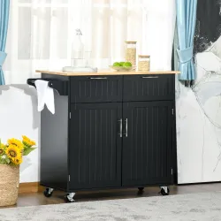 Mueble Auxiliar de Cocina con Ruedas 2 Cajones 2 Puertas Estante Ajustable y Toallero 104x46x91 cm Negro - Ogal.Es