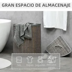 Cesto para Ropa Sucia de Bambú Capacidad de 55L Cesta para la Colada en Forma de Abanico 38x38x57 cm Gris - Ogal.Es