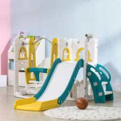 Tobogán Infantil 6 en 1 con Columpio y Tobogán Telescopio Aro de Baloncesto Espacio de Almacenamiento Multicolor - Ogal.Es