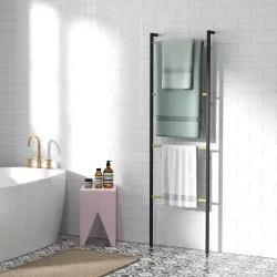 Toallero Apoyado en la Pared Toallero de Baño con 4 Barras de Bambú y Marco de Acero 49x5,5x167,5 cm Negro y Nat... - Ogal.Es
