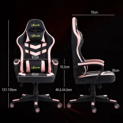Silla Gaming Altura Regulable Basculante con Reposacabezas Cojín Lumbar 61x70x121-129 cm Rosa - Ogal.Es