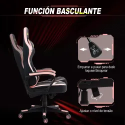 Silla Gaming Altura Regulable Basculante con Reposacabezas Cojín Lumbar 61x70x121-129 cm Rosa - Ogal.Es