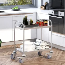 Carrito de Cocina de Acero Inoxidable con 2 Bandejas y 2 Brazos para Comedor Salón 80x45x82 cm Plata - Ogal.Es