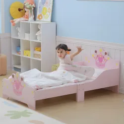 Cama Infantil de +3 Años 143x73x60 cm con Estampado de Corona Carga 50 kg para Dormitorio Rosa - Ogal.Es