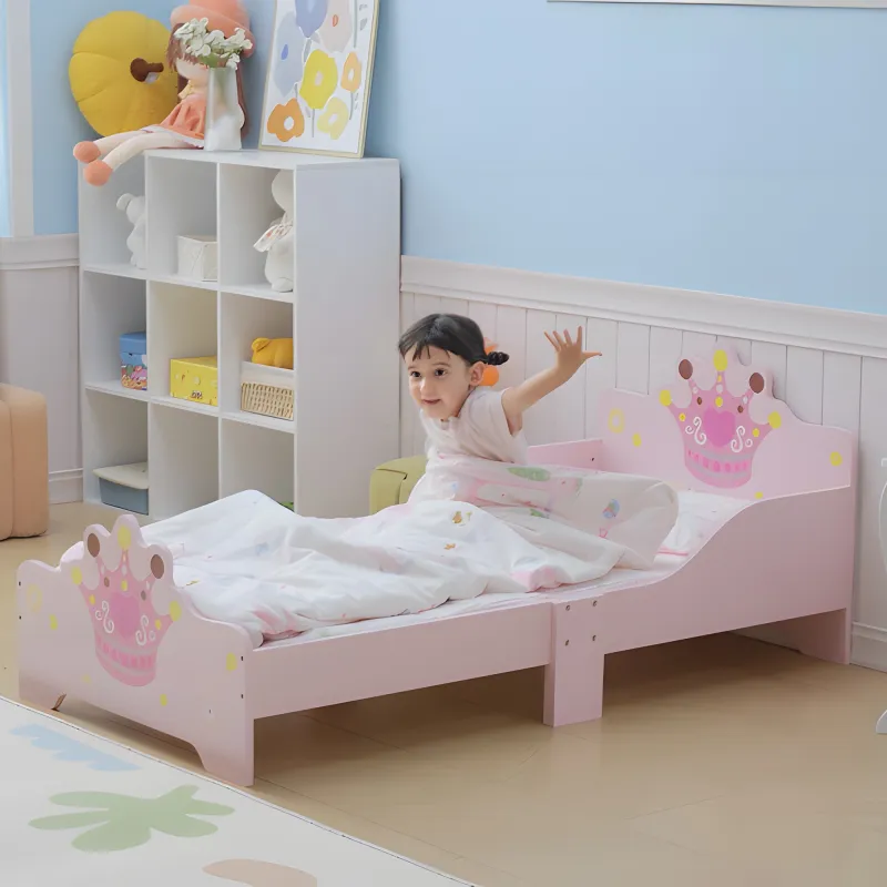 Cama Infantil de +3 Años 143x73x60 cm con Estampado de Corona Carga 50 kg para Dormitorio Rosa - Ogal.Es