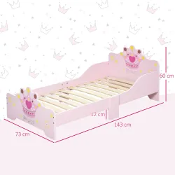 Cama Infantil de +3 Años 143x73x60 cm con Estampado de Corona Carga 50 kg para Dormitorio Rosa - Ogal.Es