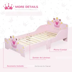Cama Infantil de +3 Años 143x73x60 cm con Estampado de Corona Carga 50 kg para Dormitorio Rosa - Ogal.Es