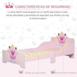 Cama Infantil de +3 Años 143x73x60 cm con Estampado de Corona Carga 50 kg para Dormitorio Rosa - Ogal.Es
