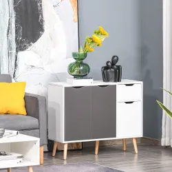 Aparador para Salón con 3 Puertas y Cajón Mueble Auxiliar para Salón Cocina Dormitorio 90x30x72 cm Blanco y Gris - Ogal.Es